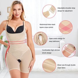 MERYOSZ Women Waist Trainer Mesh Bodysuit Tummy Control Shapewear Butt Lifter Thigh Slimmer Full Body Shaper Open Bust (Beige, Small)