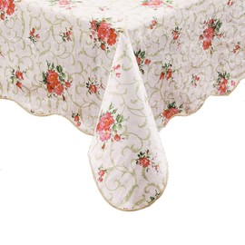 Water Resistant Pink Chamomile Flower Tablecloth Rectangular Flannel Back Vinyl Red Flower Plastic Tablecloths Reusable 54x72 Inch
