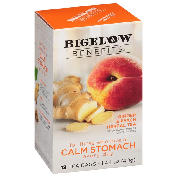 Bigelow Tea Benefits Calm Stomach Ginger Peach Herbal Tea, Caffeine Free, 18 Count (Pack of 6), 108 Total Tea Bags