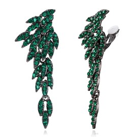 BriLove Wedding Bridal Clip-on Earrings, Art Deco Angel Wings Rhinestone Retro Chandelier Statement Earrings for Women Long Drop Dangling Emerald Color Black-Tone