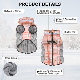 BEAUTYZOO Dog Winter Coat with Harness Built in, Reflective Plaid Puffer Vest Waterproof for Small Dogs, Fleece Warm Puppy Zipped Jacket with D Ring, Pet Cold Weather Sweater Clothes, Brown S