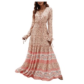Floerns Women's Floral Print Boho V Neck Long Sleeve Flowy Maxi Dress Apricot S