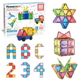 PicassoTiles 63 Piece Magnetic Building Block Construction Toy Set Diamond Magnet Tile Blocks with Car Truck STEM Learning Kit Early Education Builder Playset Toys for Children Toddler Boy Girl Age 3+