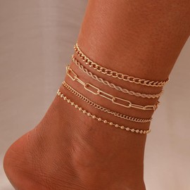 Yimofy Anklets for Women 14K Gold Plated Layering Ankle Bracelets Stackable Dainty Gold Anklets Set Summer Beach Jewelry Gift for Women (5-Layer Set)
