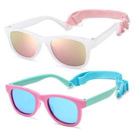 Polarized Sunglasses for Baby with Strap 100% UV Protection Shades for Toddler girls boys Age 0-24 Months 2 Pack (Opal/Pink Mirror + Pink Green/Blue Mirror)