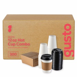 Comfy Package [Case of 300 12 oz. Disposable Coffee Cups with Lids and sleeves - To-Go Paper Hot Cups for Travel and Office Use