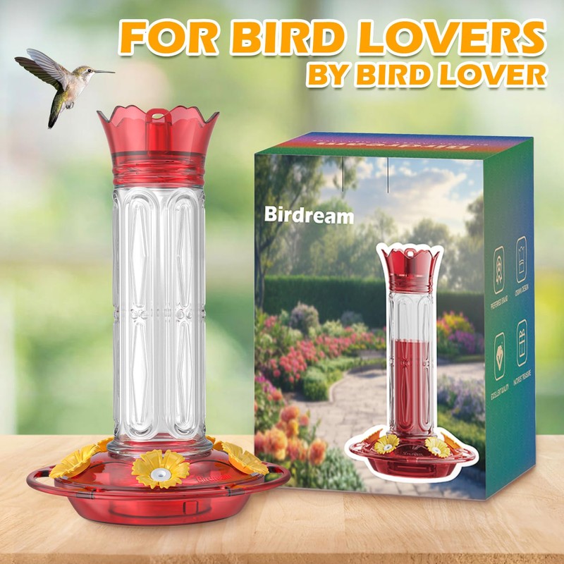 Birdream Hummingbird Feeders for Outdoors Hanging 20 Ounces 10 Feeding