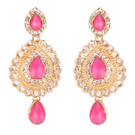 Touchstone Indian Bollywood Desire Handcrafted Contemporary Diamond Look White Rhinestone Faux Rose Quartz Designer Jewelry Chandelier Earrings In Antique Gold Tone For Women.