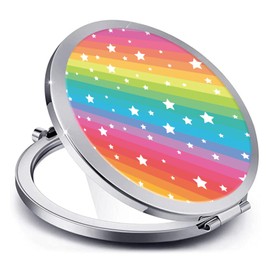 LONNAONE Compact Mirror for Women,Round Mini Pocket Travel Makeup Mirror,Pretty Portable Folding Small Pocket Mirror for Handbag,Purse,Double Sided Handheld Pocket Mirror(Silver Colorful Rainbow)