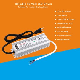 12V LED Driver 100 Watt LED Power Supply 12V 100W Transformer 110V AC to 12V DC Converter Switching Power Supply Power Adapter 120V AC to DC 12V IP67 Waterproof