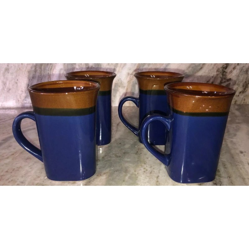 Royal Norfolk Blue/Brown Stoneware Coffee Mugs Dinnerware Cups-Set Of 4-SHIP24H