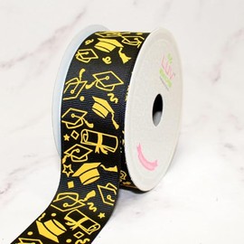 LUV Ribbons Grosgrain Graduation Decorative Ribbon, Black with Gold Caps and Diplomas Pattern, 1.5 inches Wide, 10 Yards