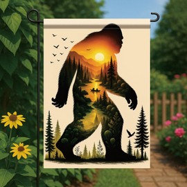 Starlit Patio Bigfoot Garden Flag Forest Landscape Sasquatch Flag 12x18 Inch Double-Sided Mountain River Sunset Silhouette Flags Cryptid Nature Yard Banner Outdoor Decor for Porch Lawn Campsite