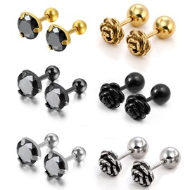 Aroncent 12 (6 Pairs) Stainless Steel Rose Stud Earrings Women's Stud Earrings Set Piercing Ear Round Earrings Rhinestone Stud Earrings Gold Silver Black, Stainless Steel, No Gemstone