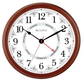 Bulova Daily Wall Clock, Model C4804 | Brown Cherry Finish | Modern Design | Large Easy-to-Read Numerals | Quartz Movement | Battery Operated