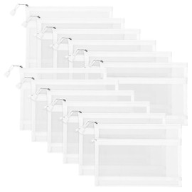 Sinzip 12 Pieces Zipper Nylon Mesh Pouch, Mesh Cosmetic Bags Makeup Bags Pencil Case, Multipurpose Travel Bags for Cosmetic School Office Supplies and Travel Accessories (2 Layers-White，A5)