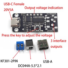 2PCS USB-C PD QC DC5V 9V 12V 15V 20V Adjustable Voltage Power Trigger Module 5A Type-C Female Input