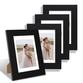 Hongkee 4x6 Picture Frame Set of 4, Made of Real Glass and Black Wooden Frame, 4 by 6 Photo for Wall or Tabletop - Display Picture 3.5x5 with Mat or 4x6 Without Mat