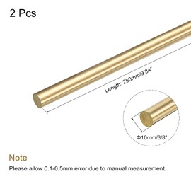 sourcing map Brass Round Rods, 3/8 Inch Brass Solid Round Rod Lathe Bar Stock, 10mmx250mm Brass Rod for Drift Punches Various Shaft DIY Craft Model Plane Ship Cars, Pack of 2
