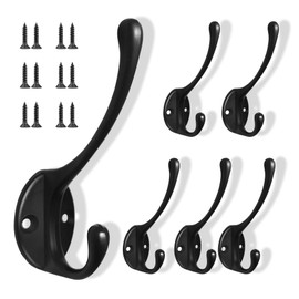 Pack of 6 Coat Hooks, Coat Hooks, Black, Vintage Gooseneck Hooks, Heavy Duty Wall Coat Hooks, with 12 Screws, for Bedroom, Bathroom, Wardrobe, Living Room (Black)