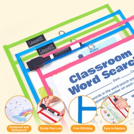 Gamenote 70 Pack Dry Erase Pockets with 5 Rings, 10 Assorted Colors 10x14 Oversized Reusable Plastic Sleeves, Clear Sheet Protectors, Teacher Supplies for Classroom Organization