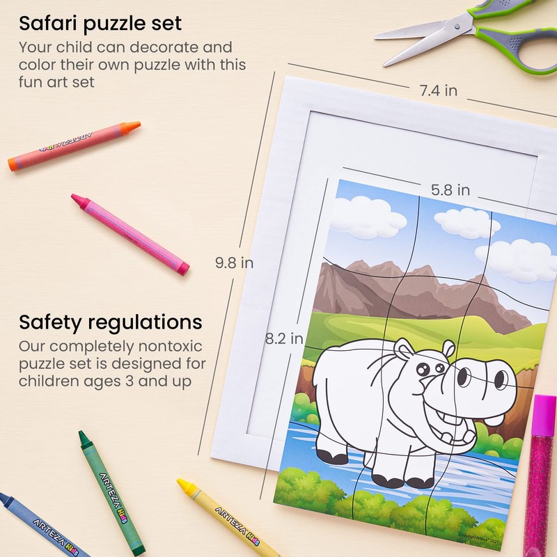 Arteza Kids Coloring Kit, 5 Safari Jigsaw Puzzles, 16 Crayons,