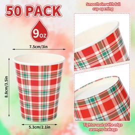 JarThenaAMCS 50Pcs Christmas Plaid Paper Cups Xmas Red Green Checkered Disposable Cups for Cold Hot Drinks Wedding Birthday Holiday Party Table Decor Supplies, 9 Oz
