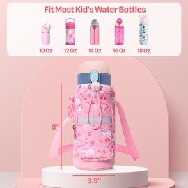 BrainyBees Water Bottle Carrier for Kids - Water Bottle Holder Sling Bag with Adjustable Strap, Girls Water Bottle Bag for 10/12/14/16/18Oz Water Bottles Walking Hiking Camping, Pink Unicorn