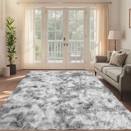 Evallon Large Shag Area Rug 5 x 8, Tie-Dyed Plush Fuzzy Rugs for Living Room, Ultra Soft Fluffy Furry Rug for Bedroom, Indoor Carpet Modern Nursery Rugs for Kids Room Home Decor, Grey
