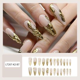 Vopintpy Gold 3D Irregular Pattern Press on Nails Extra Long Stiletto Fake Nails Glossy Full Cover Glue on Nails Reusable Acrylic Stick on Nails for Women DIY Charm Manicure