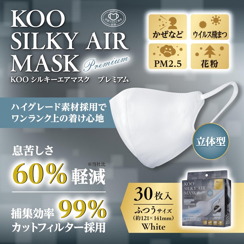 [クー・メディカル・ジャパン] KOOシルキーエアマスクPREMIUM 立体型(3Dタイプ) 30枚入り シルキー耳ひも ふつうサイズ 息苦しさ60%軽減（当社比）