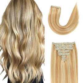 Clip In Hair Extensions Real Human Hair Balayage Ash Blonde to Bleach Blonde Thick Remy Straight Human Hair Clip In Extensions for Women Double Weft 14Inch,120Gram,P18/613#,7pcs with 16clips