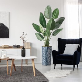 Artificial Tree in Dynamic Blue Vertical Stripe Planter, Fake Bird of Paradise Silk Tree for Indoor and Outdoor Home Decoration - 67" Overall Tall (Plant Pot Plus Tree)