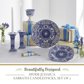 Spode Judaica Sabbath Candlesticks, Set of 2 - Elegant Blue & White Ceramic Candle Holders Featuring Star of David & Floral Motifs - Fine Porcelain - Ideal for Shabbat & Holiday Table Settings