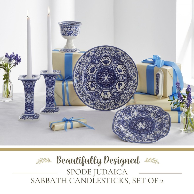 Spode Judaica Sabbath Candlesticks, Set of 2 - Elegant Blue