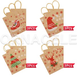 ORNACELE 12PCS Christmas Gift Bags 12PCS Assorted Styles Bags Xmas Small Kraft Paper Bags with Handles Christmas Goodie Bags with Christmas Prints for Xmas Gift Wrapping Christmas Party Supplies