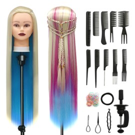 Training Heads, 28 Inch Practice Head, Hairdresser Head, 100% Synthetic Fibre Hair Styling Head for Hairdressers with Free Clamp and DIY Braiding Set (Colourful)