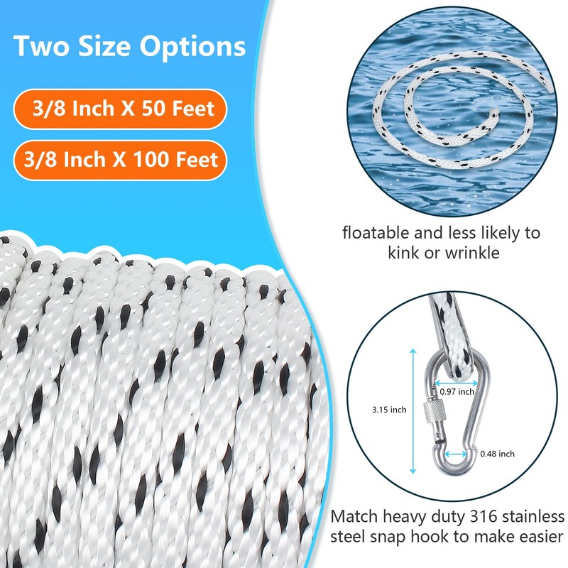 3/8 Inch 50 FT Anchor Rope, Boat Anchor Rope Solid