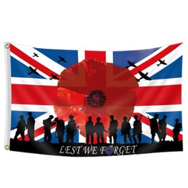 eBoutik - Union Jack Army Soldier Red Poppy Remembrance Day Garden Decor - 5 x 3 ft Outdoor/Indoor British Army Lest We Forget Banner Flag