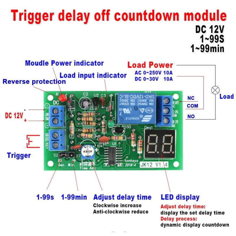 Timer Relay Module, DC 12V LED Display Countdown Timing Timer