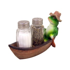 Croak Creek Canoe Resin Frog in Canoe Figurine with Glass Salt and Pepper Shaker Set Holder, 7 Inch