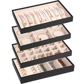 LANDICI Stackable Jewelry Organizer Trays 4 Set,PU Leather Jewelry Organizer Drawer,Jewelry Storage Display Tray for Earring Necklace Rings Bracelet with Removable Dividers,Black