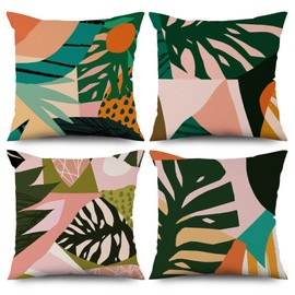ASDCXZ Spring Pillow Cover 40x40 cm 4pcs Set, Abstract Green Leaves Sun Pink Sofa Cushion Cushion Covers Pillow Cover Washable Polyester Flax Textile Outdoor Upholstery Pillow Cover Pillow Cover