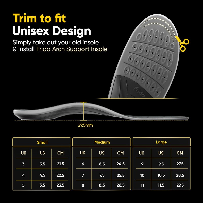 Frido Arch Support Rigid Insole for Flat Feet, Relieves Feet