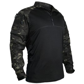 IDOGEAR OUTDOOR Tactical CAMO Shirts 1/4 Zipper Combat Shirts Long Sleeve BDU Shirts with Pockets for Outdoor Airsoft Paintball(camo Black,Small)