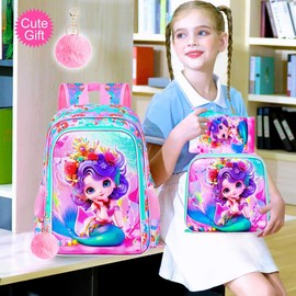 FTJCF Mermaid Backpack, 16" Girls Kids Bookbag with Lunch Box，3Pcs School Backpacks for Elementary Preschool Kindergarten (Pink)