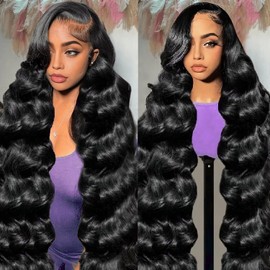13x6 Lace Front Wigs Human Hair 200% Density HD Transparent Body Wave Lace Front Wigs Human Hair Body Wave Glueless Frontal Wig Human Hair for Women Pre Plucked with Baby Hair Natural Black 28Inch