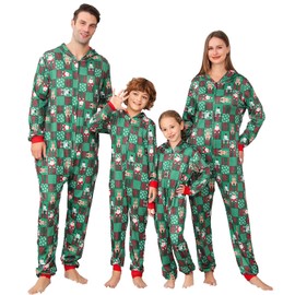 ANGELGGH Family Matching Christmas Onesie Pajamas, Vacation Cute Printed One Piece Pajamas, Xmas Hooded Holiday Sleepwear (Youth, 2-3T, Green Plaid Santa)