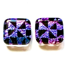 Dichroic Glass Earrings Stud Post - 1/2" 12mm - Triangle Pyramids Purple Pink Violet Magenta Black Pinwheel Patterned Fused Glass Studs Metallic Iridescent Surgical Steel