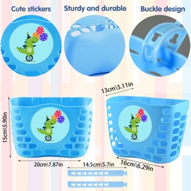 XIEXIESHER Children's Dinosaur Bicycle Basket, Braided Front Bicycle Basket, with Bicycle Bell, Windmill and 10 Dinosaur Stickers, Removable, Bicycle Accessories Children, Gifts for Boys